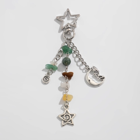 Bohemian Alloy Celestial Keychain With Natural Crushed Stone Star Moon Sun Pendants Vintage Bag Charm Accessory For Women