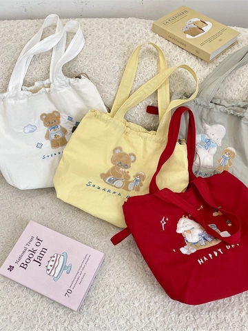 Canvas Tote Bag Cartoon Embroidery Bear Sheep Drawstring Handbag Kawaii Large Capacity Shoulder Bag For Women School Travel