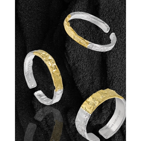 925 Sterlingsilber Verstellbare Offene Ringe Für Damen Unregelmäßige Gehammerte Lava Textur Zweifarbig Gold Silber Ringe