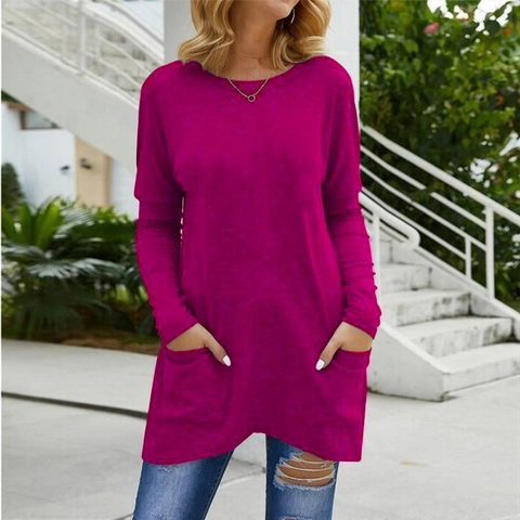 Women Batwing Long Sleeve T-Shirt Solid Color Round Neck Top With Pockets Casual Polyester Embroidered Loose Longline Clothing