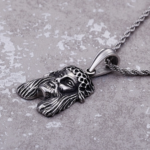 Jesus Kopf Anhänger Edelstahl Dornenkrone Retro Vintage Religiöser Schmuck Für Herren Silberfarben
