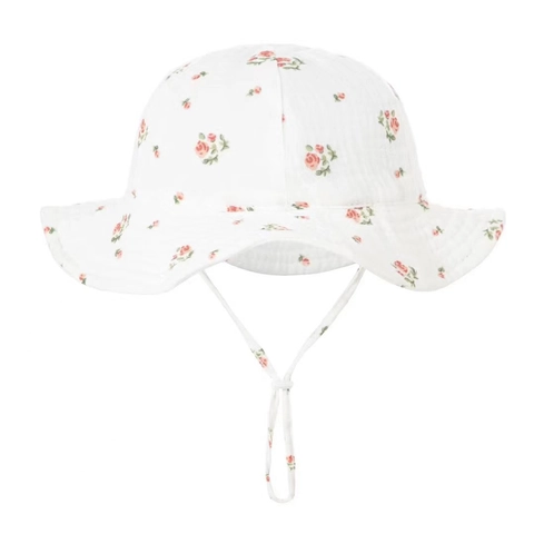 Baby Infant Sun Hat Bucket Hat Breathable Cotton Gauze Fisherman Cap With Adjustable Windproof Rope For Boys Girls Summer Sun Protection Floral Bear Print
