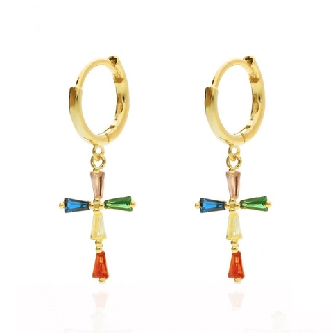 Pendientes De Aro De Cruz Con Circonita Colorida Incrustada Cobre Colgantes Con Poste De Plata De Ley 925 Para Mujeres