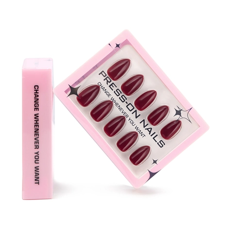 Dark Wine Red Glossy Press-on Nails Almond Shaped Solid Color Artificial Fake Fingernails Minimalist Manicure For Women
