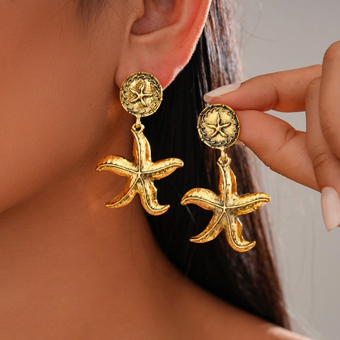 Vintage Golden Starfish Drop Earrings Alloy Textured Marine Style Jewelry With Silver Earring Post For Women