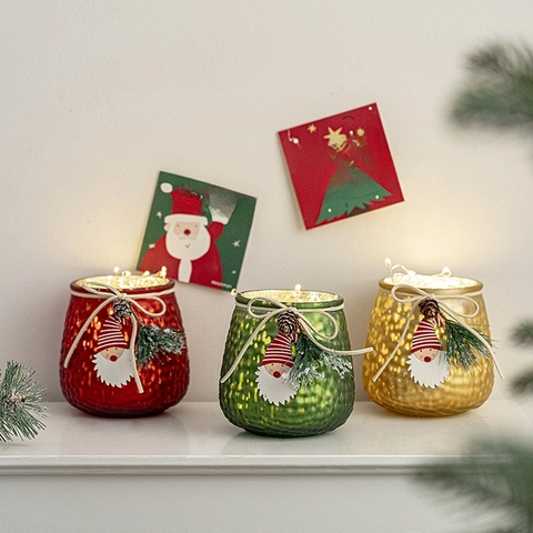 Christmas Glass Jar Ornament LED Glowing Tabletop Decoration Embossed Texture With Pinecone Pine Needle Nordic Decor