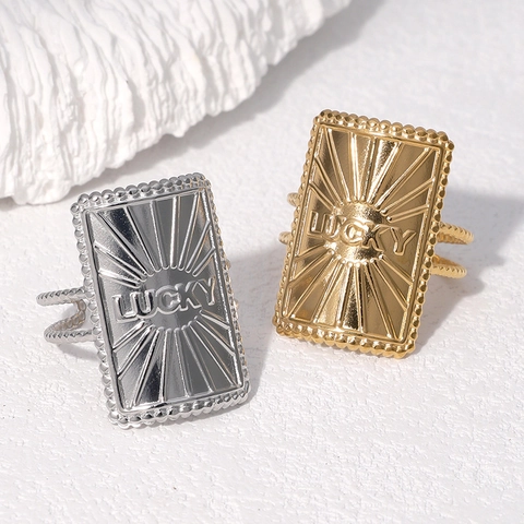Anillo Grabado Lucky De Acero Inoxidable Vintage Rectangular Patrón Sol Ajustable Abierto Joyería Para Mujer