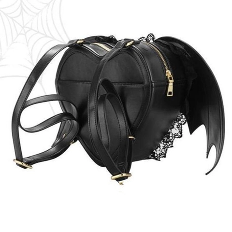Gothik Fledermaus Flügel Herzform Kunstleder Rucksack Damen Spitze Dunkler Engel Teufel Neuheit Mode Tasche