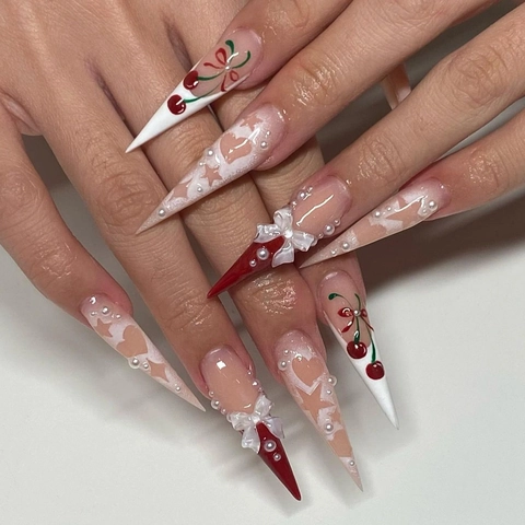 Uñas Postizas Stiletto Extra Largas Patrón De Cereza Con Lazo 3D Perla Artificial Corazón Estrella Decoraciones Estilo Francés