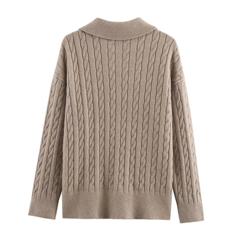 Women Cable Knit Sweater Polo Collar V Neck Solid Color Long Sleeve Casual Soft Pullover Knitwear