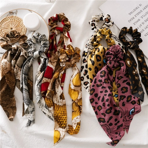Leopard Snake Print Scrunchie With Long Ribbon Satin Fabric Elastic Hair Tie Bow Knot Hair Accessories For Women
