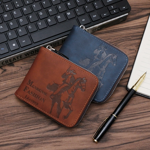 Herren Retro Kurze Geldbörse PU-Leder Reißverschluss Mehrere Kartenfächer Cowboy Geprägtes Design Vintage-Stil