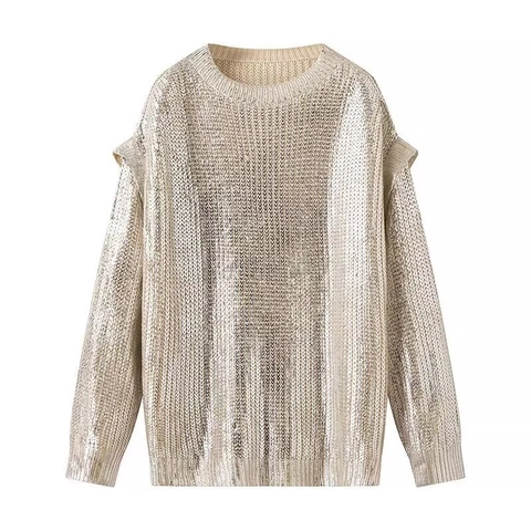 Maglione In Maglia Da Donna Bronzato Metallico Girocollo Maniche Lunghe Ampio Finiture Con Volant Casual Autunno Inverno
