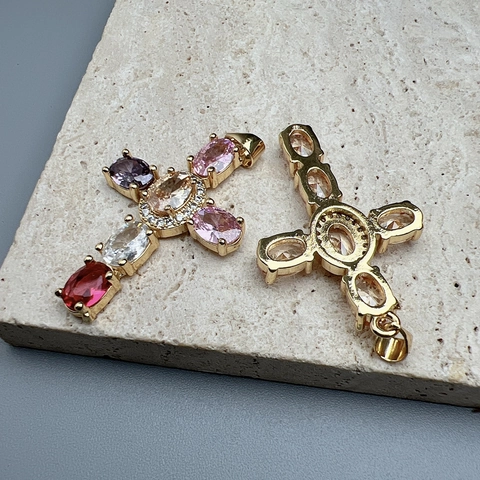 Ciondolo A Croce In Zirconia Cubica Colorata Per La Creazione Di Gioielli Fai Da Te Rame Placcato Oro 18K Fascino Religioso