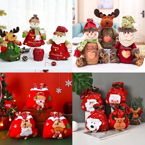Christmas Gift Bags Drawstring Treat Sacks For Candy Apple Santa Snowman Reindeer Linen Knitted Holiday Party Favors