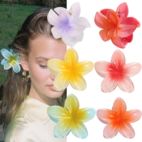 Plumeria Flower Hair Claw Clips Gradient Color Pearlescent PS Plastic Summer Beach Elegant Shark Clips For Women