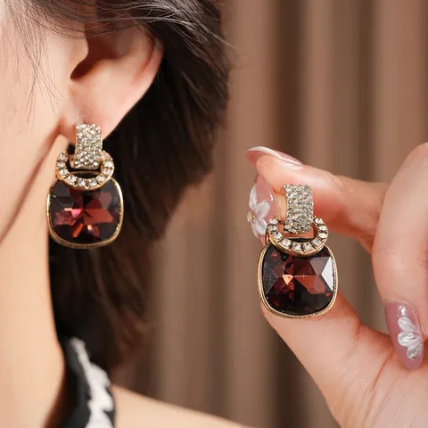 Vintage Square Gemstone Earrings With Rhinestones And Silver Earring Post Elegant French Style Accessory For Women