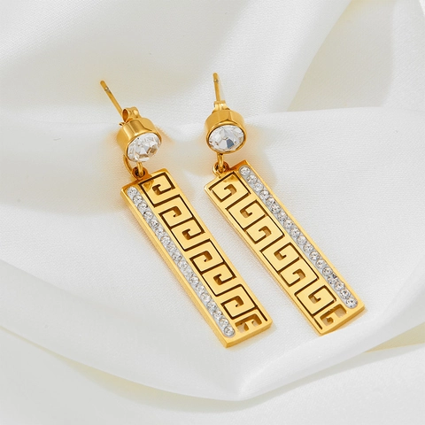 Vintage Greek Key Rectangle Drop Earrings For Women 304 Stainless Steel Zircon Inlaid Hollow Meander Geometric Jewelry