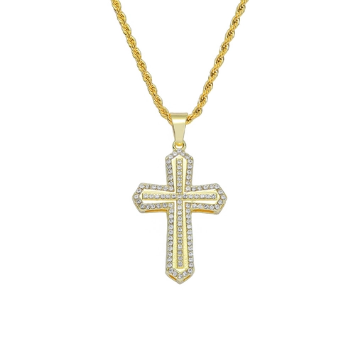Iced Out Cross Pendant Necklace Gold Plated Hip Hop Jewelry Alloy Rhinestone Stainless Steel Rope Chain For Men