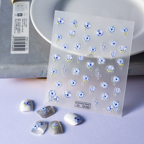 Autocollants À Ongles Relief 5D Motif Fleur Anémone Bleue Texturé Auto-Adhésif Décalcomanies Manucure DIY
