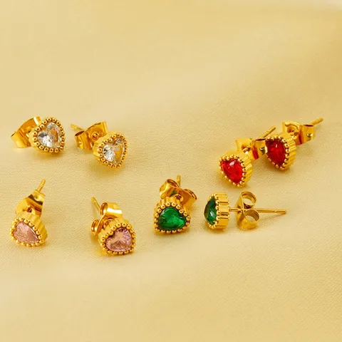 Heart Stud Earrings Stainless Steel 18K Gold Plated Zircon Beaded Edge Vintage Fashion Jewelry For Women
