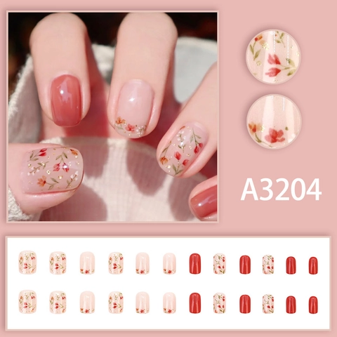 Frische Kleine Florale Press On Nägel Kurz Quadratisch Rund Nude Pink Ziegelrot Glänzende Falsche Nägel Mit Goldfolie