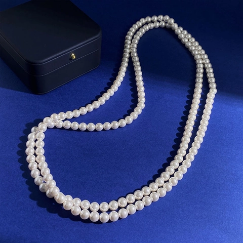 Collar De Perlas Artificiales Largo Estilo Francés Elegante Cadena Para Suéter Perla Artificial De Vidrio Joyería Doble Capa Para Mujer