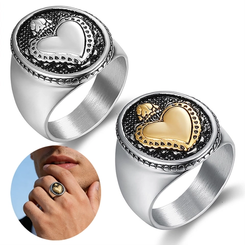 Anello Sigillo Cuore Sacro Corona Gotico Vintage Acciaio Inossidabile Gioielli Stile Biker Punk Per Uomini Donne