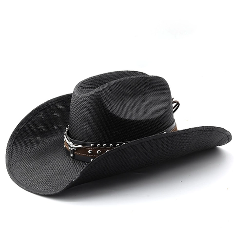 Vintage Western Cowboy Hat Straw Woven With Bull Head Metal Decor Wide Brim Sun Protection For Beach Vacation Unisex