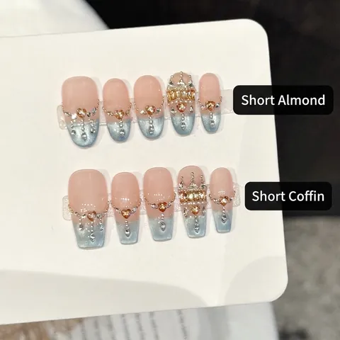 Unghie Finte Fatte A Mano Sfumato Rosa Blu Occhio Di Gatto Corona Strass French Elegante Dolce Per Donne