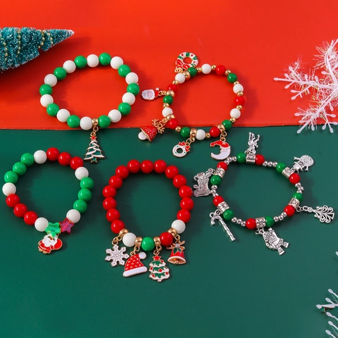 Bracelet À Perles De Noël Alliage Sapin De Noël Père Noël Flocon De Neige Cloche Pendentif Bijoux De Fête Pour Femmes