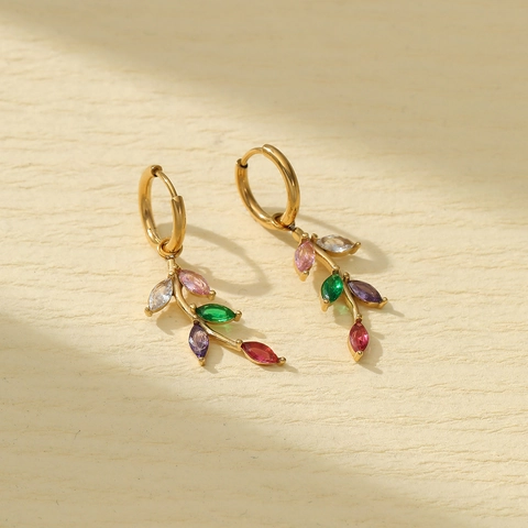 Stainless Steel Leaf Dangle Earrings With Marquise Rhinestones Gold Plated Fashion Jewelry For Women Elegant Botanical Drop Earrings