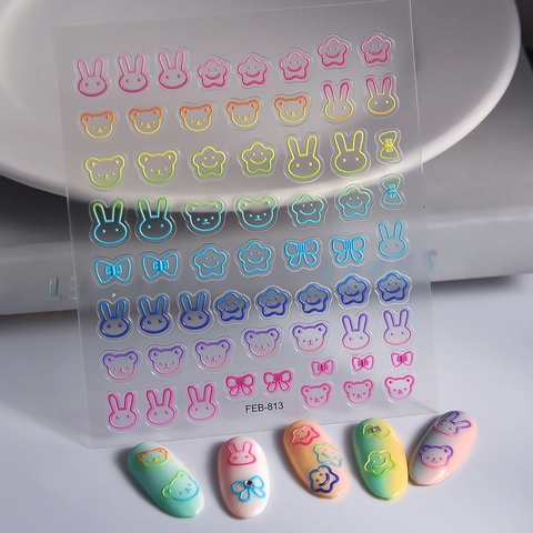 Autocollants Ongles 3D Relief Imperméable Macaron Arc-en-ciel Dégradé Lapin Ours Étoile Nœud Décalcomanies Manucure DIY Auto-adhésif