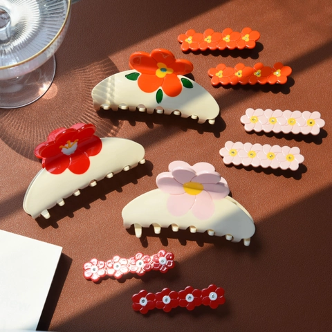 Flower Hair Claw Clip And Side Clips Acetate Resin Floral Design Fashion Hair Styling Accessories For Women Girls Fresh