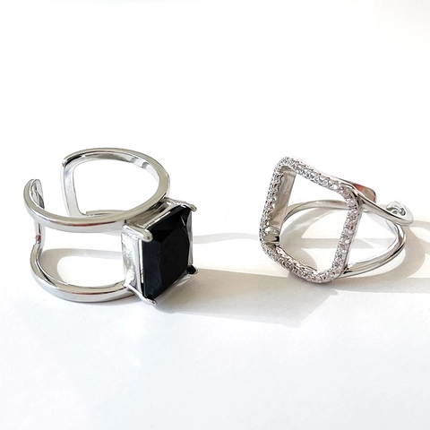 Geometric Square Hollow Open Rings 925 Sterling Silver Micro Pave Zircon Black Gemstone Adjustable Modern Jewelry