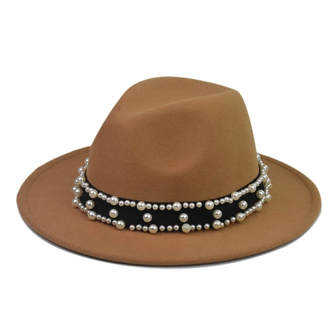 Cappello Fedora Decorato Con Künstliche Perle Feltro Di Lana Tesa Larga Parte Superiore Piatta Elegante Retro Stile Jazz Unisex Inverno
