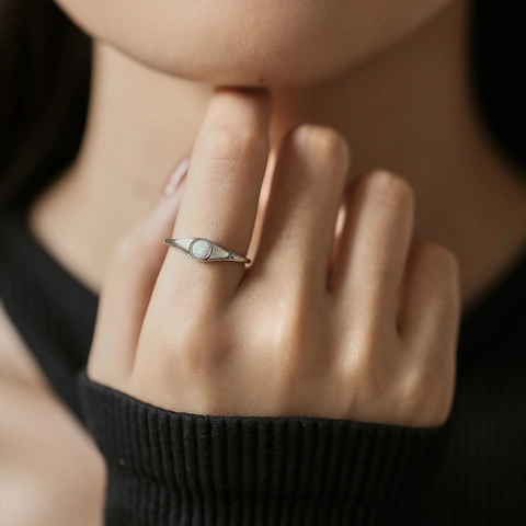 925 Argento Sterling Tondo Opale Aperto Anello per Donna Minimalista Vintage Stile Francese Regolabile Anello Dito Gioielli Regalo