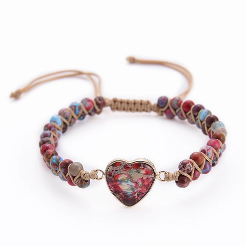Handmade Natural Stone Heart Pendant Braided Bracelet Imperial Jasper Adjustable Bohemian Jewelry For Women