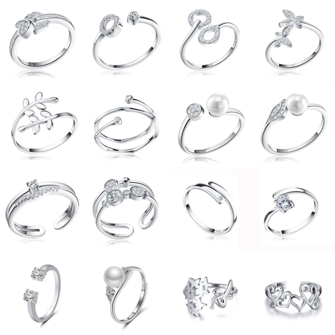 925 Sterling Silver Open Adjustable Ring Collection For Women With Rhinestone Artificial Pearl Minimalist Jewelry Gift