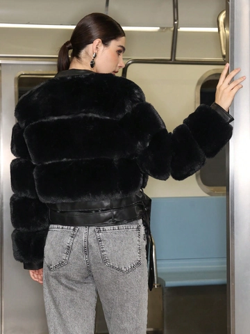 Chaqueta Biker Mujer Pelo Sintético Negro Retazos Cuero PU Abrigo Corto Cálido Invierno Streetwear Solapa Cremallera Cinturón