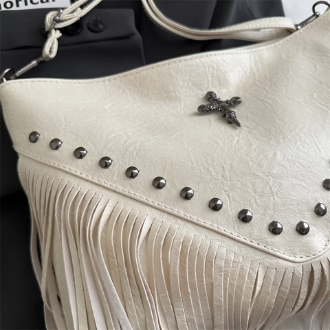 Women Vintage PU Leather Shoulder Bag Large Capacity Crossbody With Tassel Rivets And Cross Gothic Punk Style