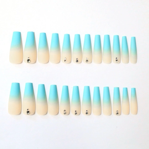 Long Coffin Press On Nails Gradient Ombre Blue Pink Matte Artificial Fake Fingernails With Rhinestone For Women Elegant Style