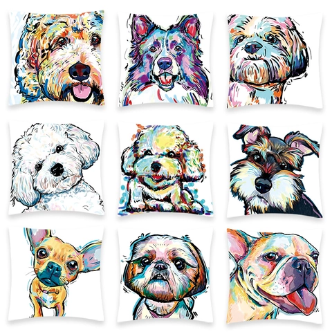 Decorative Throw Pillow Case Peach Skin Fabric Artistic Dog Portrait Watercolor Style Pop Art Design For Home Sofa Bed Decor