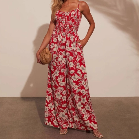Tuta Estiva Da Donna Con Stampa Floreale Spalline Sottili Corpetto Arricciato Vita Alta Gamba Larga Vacanza Mare Elegante