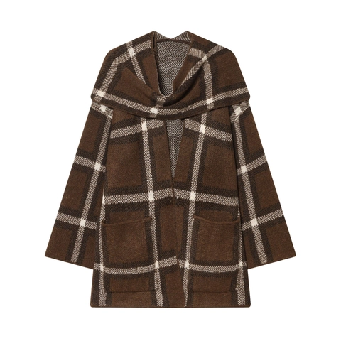 Damen Karierte Strickjacke Vintage Französischer Stil Schalkragen Offene Strickjacke Mit Taschen Langarm Lässig