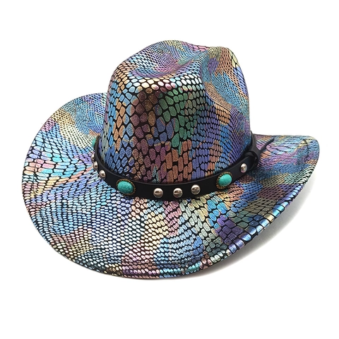 Chapeau De Cow-Boy Occidental Motif Serpent Arc-En-Ciel Irisé Bande Similicuir Turquoise Rivet Large Bord Fête
