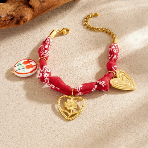 Vintage French Red Printed Fabric Stainless Steel Bracelet With Heart Flower Ceramic Pendant Women Elegant Jewelry