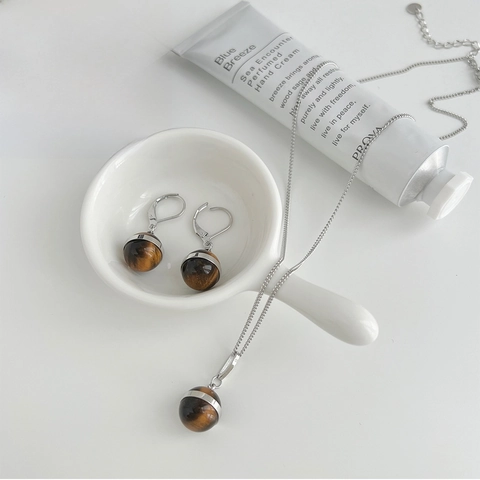 Tijgeroog Bal Roestvrijstalen Ketting En Oorbellen Retro Minimalistische Luxe Sieraden Voor Dames