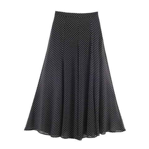 Polka Dot Maxi Rock Damen Hohe Taille Chiffon Lange Röcke Schwarz Weiß Retro Streetwear Fließende A-Linie