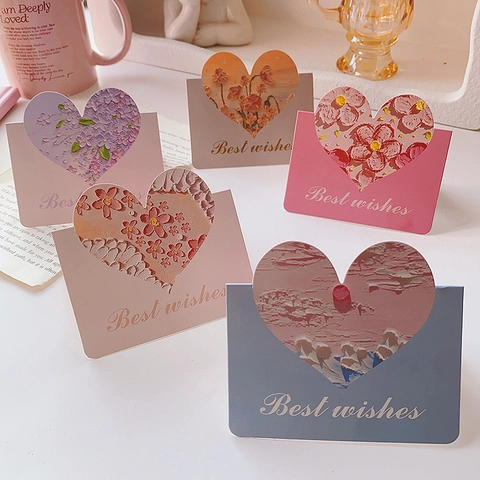 Biglietto D'Auguri Forma Di Cuore Pittura A Olio Rilievo Fiore Paesaggio Compleanno San Valentino Festa Della Mamma Cancelleria